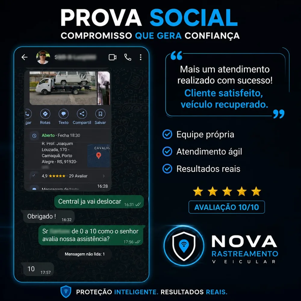 Cliente satisfeito após atendimento e recuperação de veículo pela Nova Rastreamento